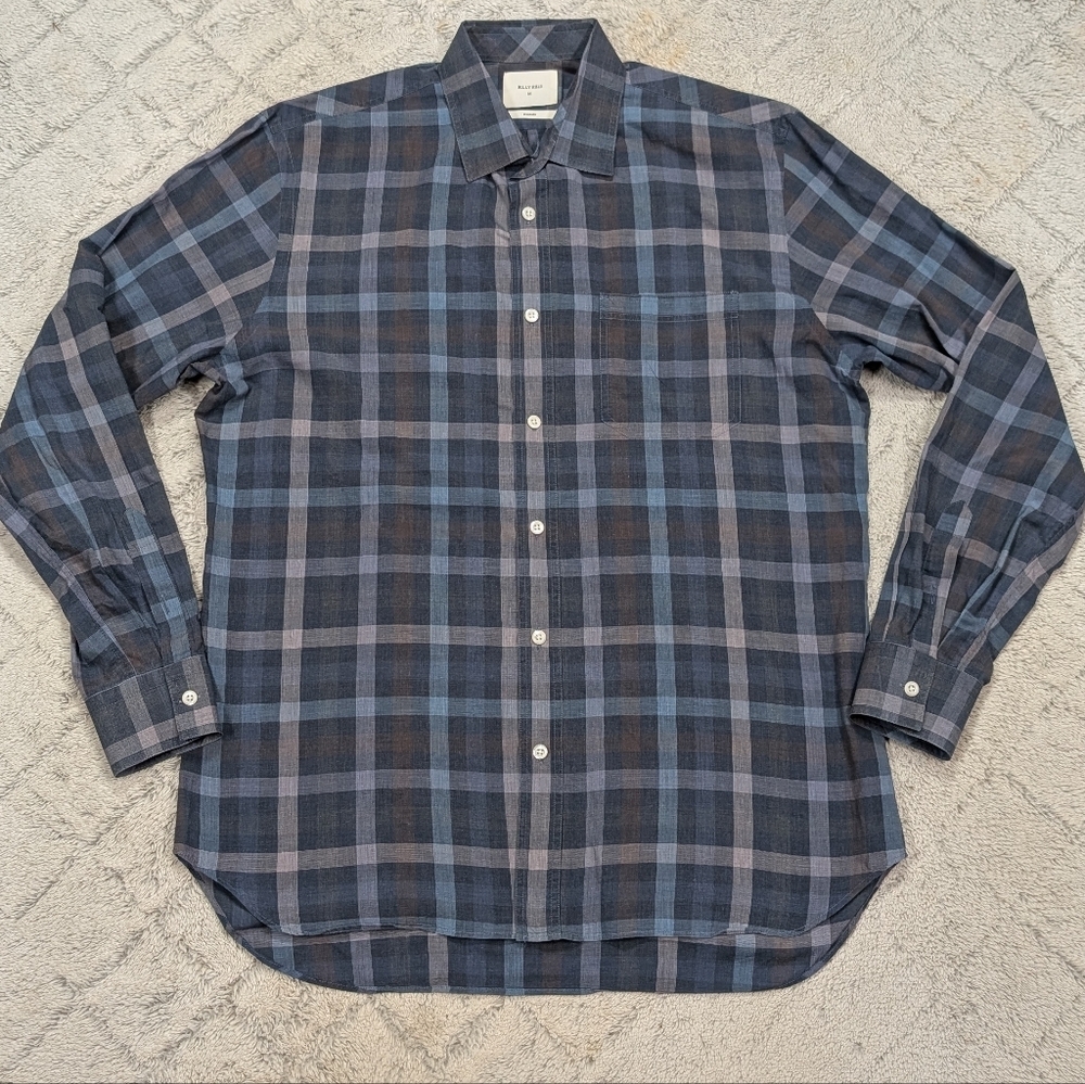 Billy Reid Shirt Mens M Blue Gray Plaid Tuscumbia Button Up Standard Cotton